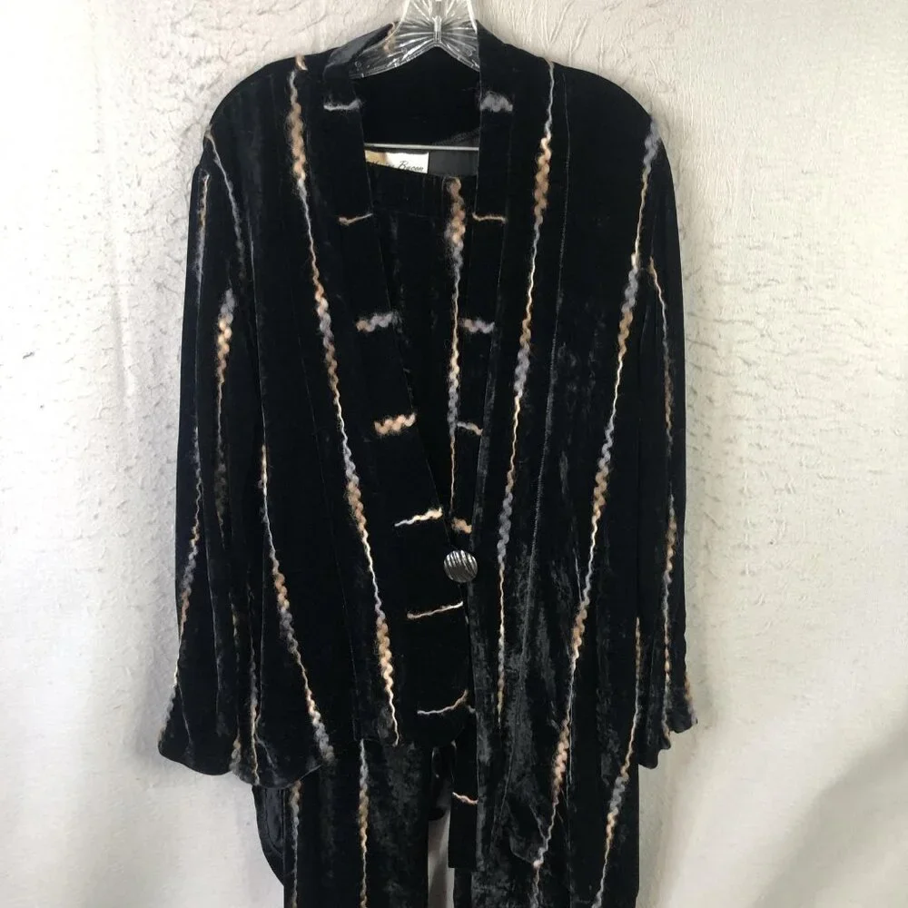 Catherine Bacon Jacket Pants Set Women M Black Velvet Striped Button Art To Wear